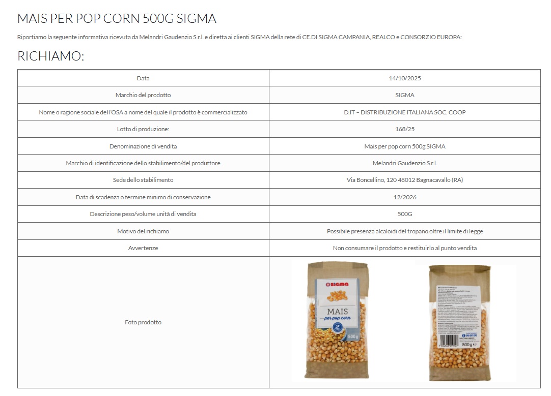 Retirada del mercado de palomitas de maíz Sigma
