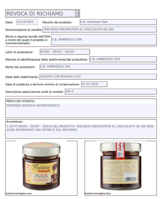 revocación del retiro del mercado de miel de chocolate Ambrosoli