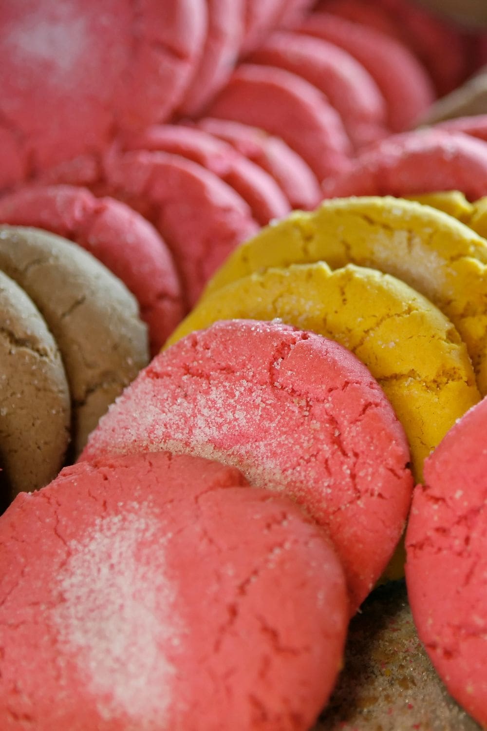 polvorones rosas galletas mexicanas rosas (así como polvorones amarillos y polvorones de chocolate marrón)