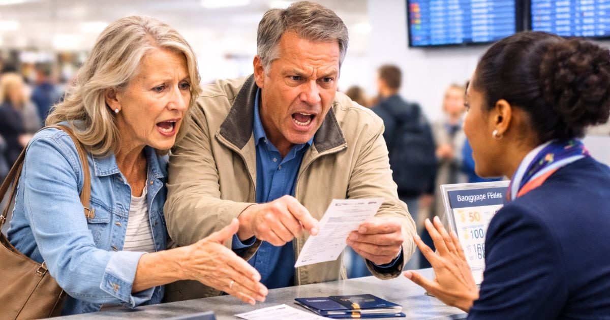 customers upset about bogus airline fees discussing it with the airline agent