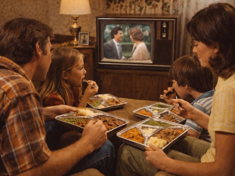 Familia viendo televisión comiendo en bandejas de aluminio para TV