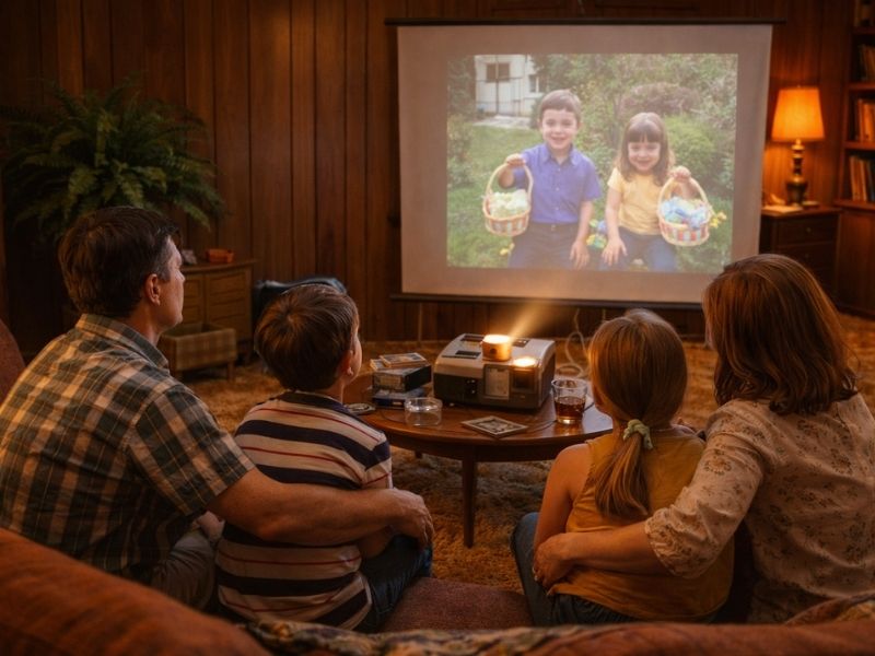 familia viendo películas caseras con proyector de diapositivas vintage