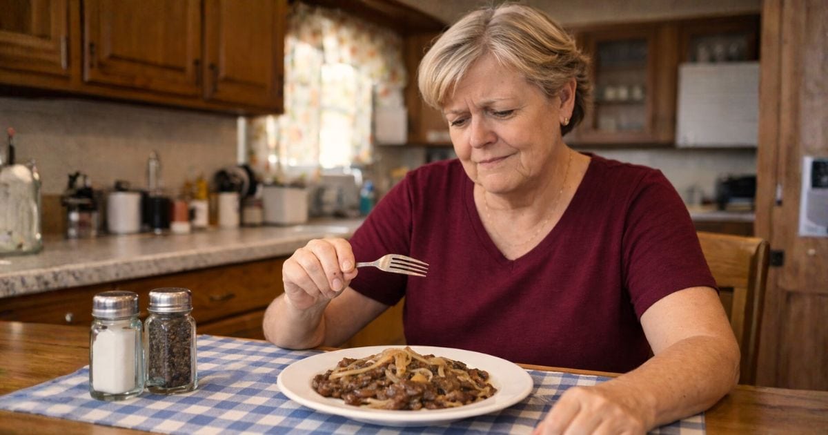 Mujer del Medio Oeste dudando antes de comer hígado y cebolla.