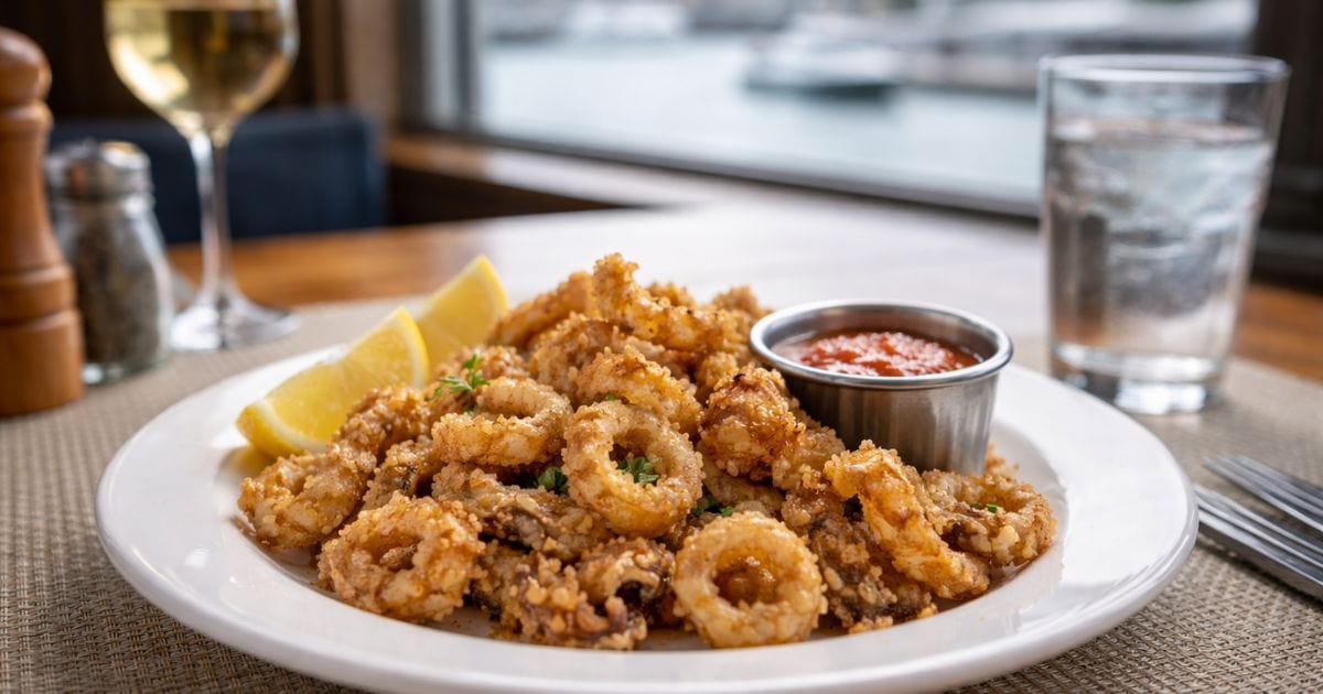 Plato de calamares en el restaurante frente al mar de Boston
