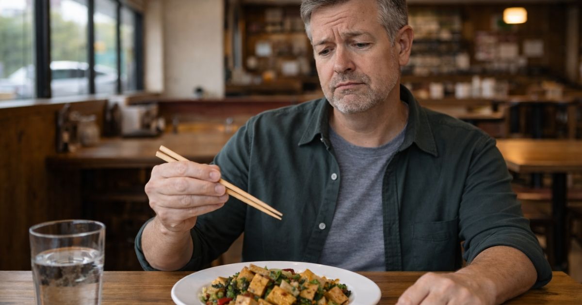 Un hombre de mediana edad en un restaurante no está seguro acerca del plato de tofu.