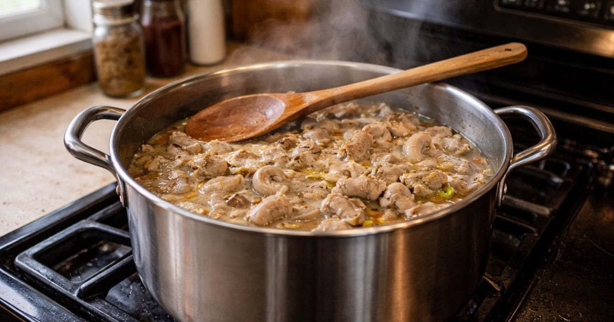Olla de menudencias sureñas hirviendo a fuego lento en la estufa.