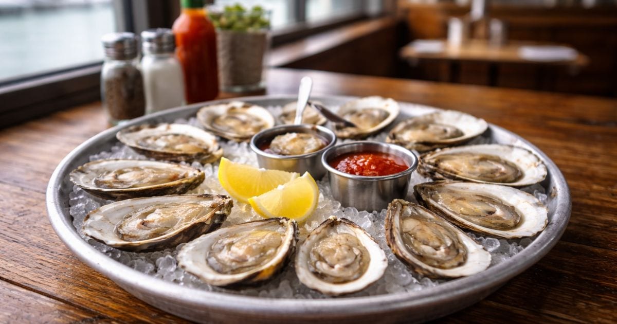 Bandeja de ostras crudas sobre hielo en el bar de ostras.