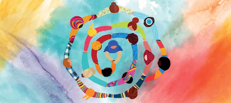 graphic with colourful background, people of all races holding hands