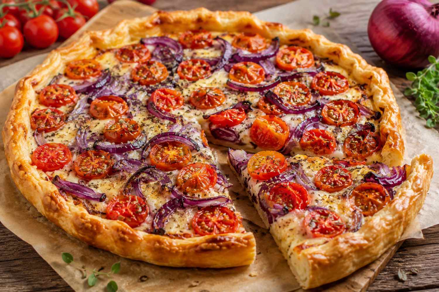 pastel de cebolla y tomate cherry
