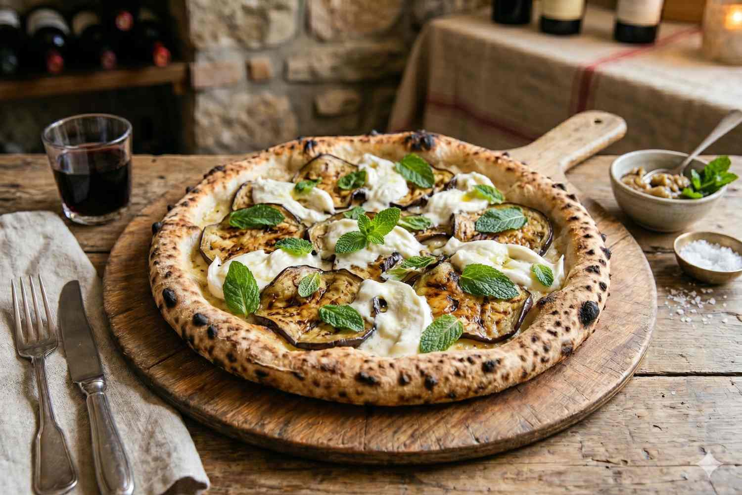 pizza de berenjena y menta búfala