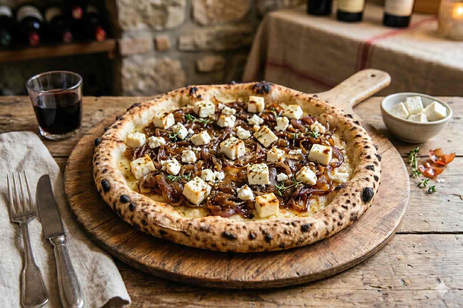 pizza feta y cebolla caramelizada
