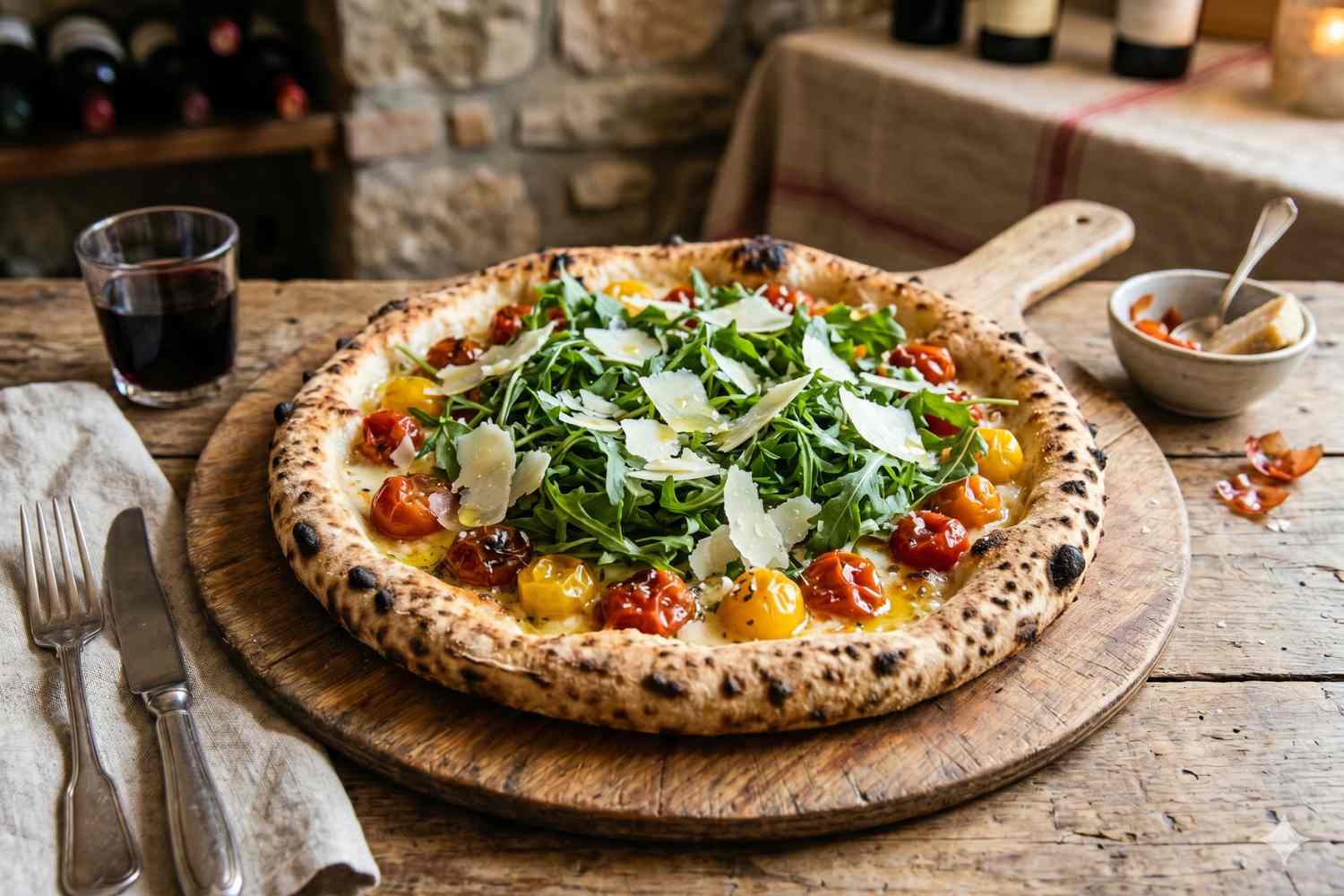 pizza, tomates cherry y rúcula