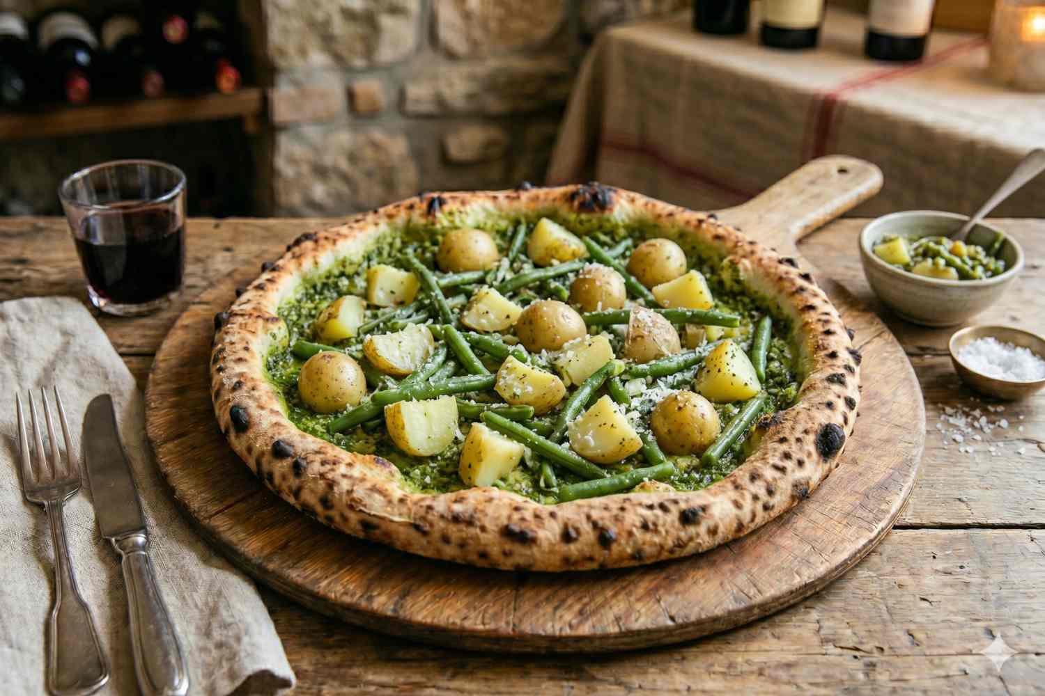 pizza de pesto y patatas