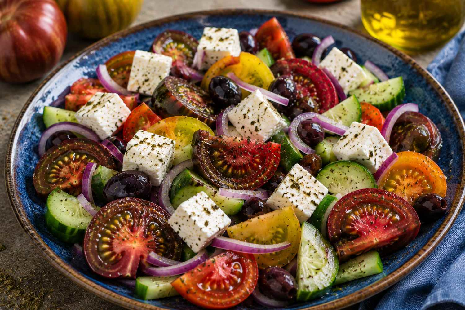 Ensalada griega con tomates rayados