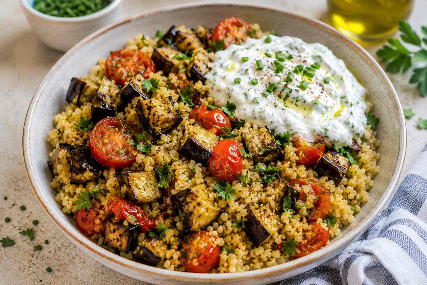 Bulgur con berenjenas asadas y yogur de hierbas