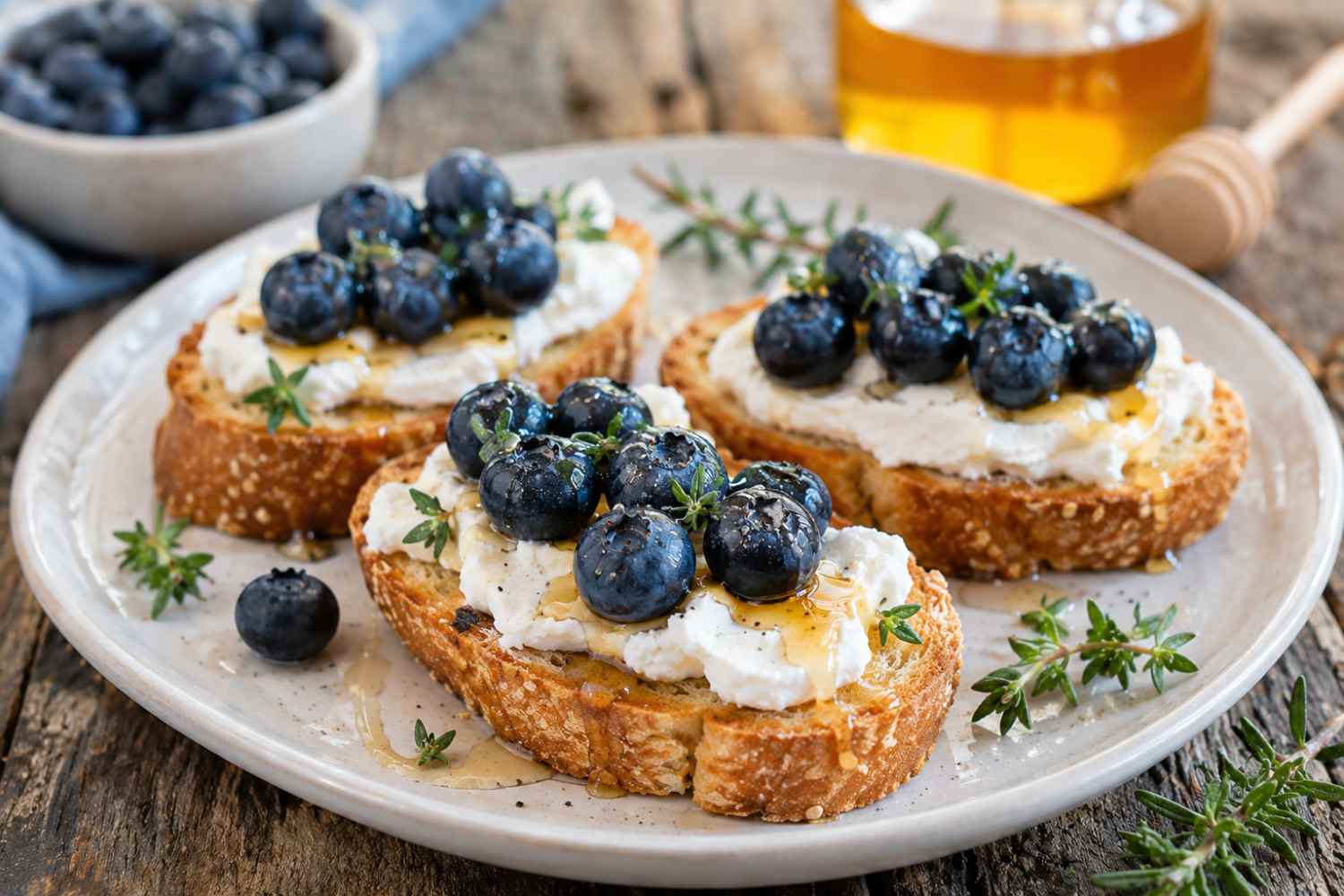 bruschetta de miel y arándanos