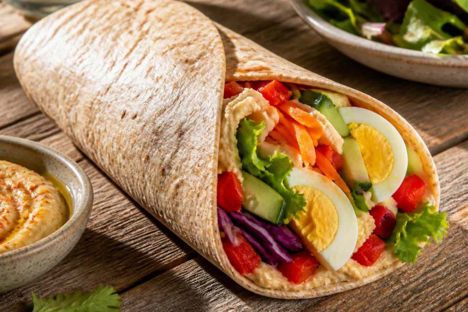 Wrap integral con hummus, huevos y verduras crujientes