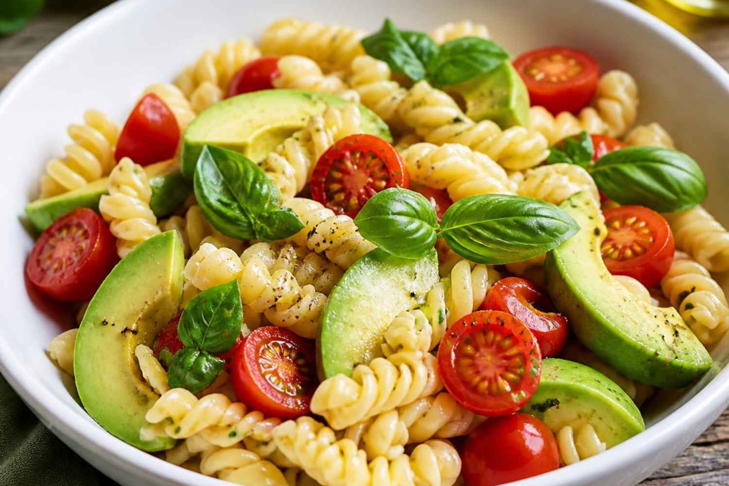 Pasta fría con tomates cherry, aguacate y albahaca
