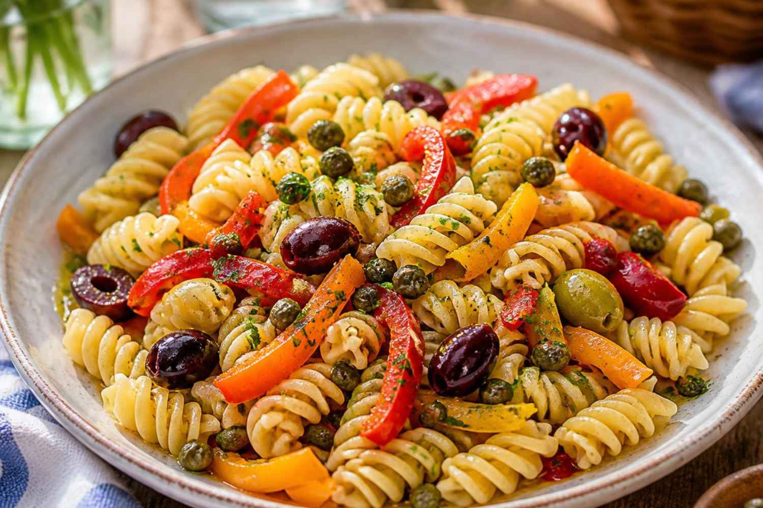pasta fría, pimientos, aceitunas y alcaparras