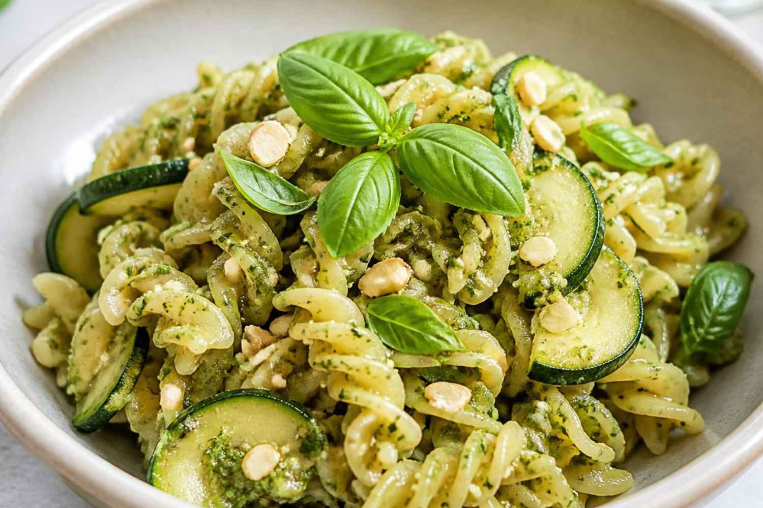 Pasta fría con pesto de calabacín y almendras