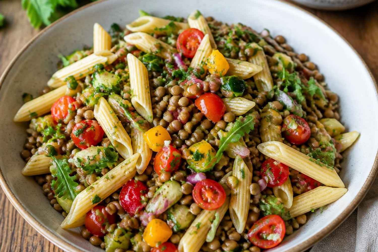 Pasta fría con lentejas y verduras