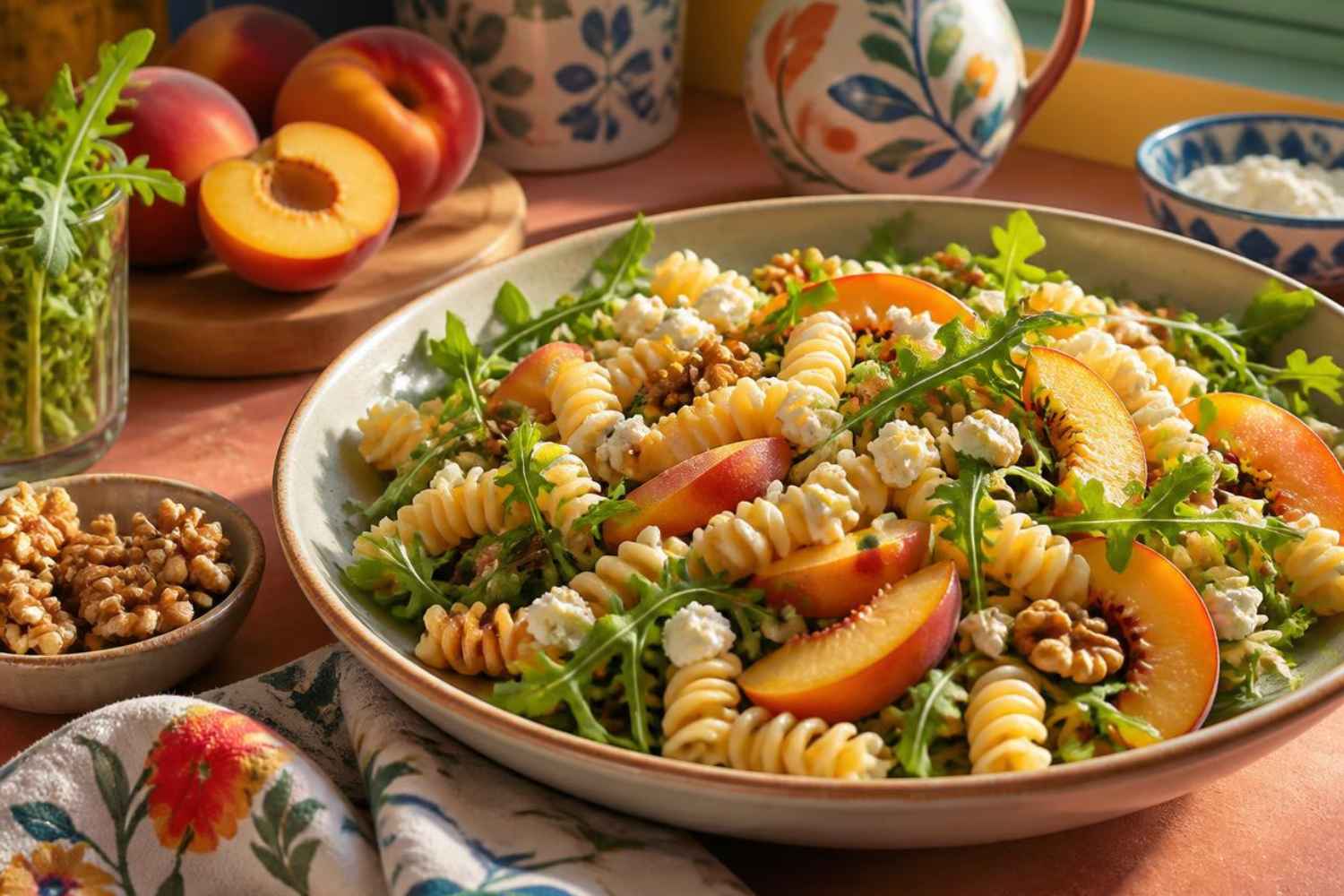 pasta de nueces, melocotones y rúcula