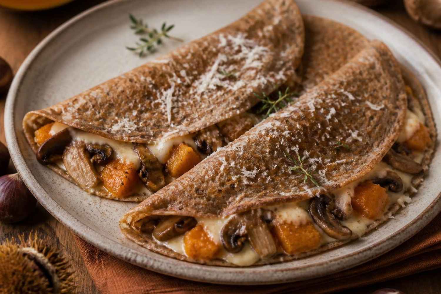 Crespelle con farina di castagne, zucca e funghi