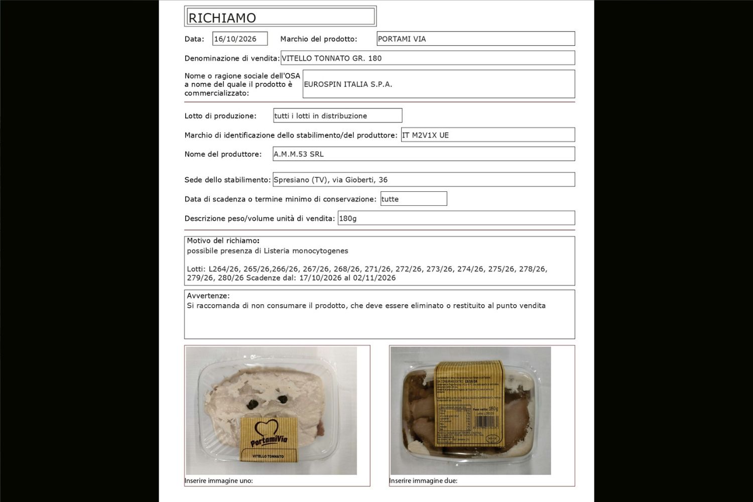 ternera con salsa de atún 180g retirada