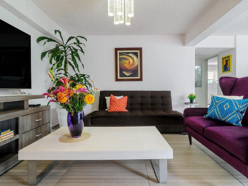 Sala de estar con un sofá morado en el elegante apartamento de 2 dormitorios de Airbnb cerca de la casa de Frida Kahlo en Coyoacán