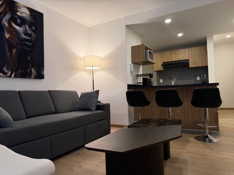 Sala de estar con sofá gris y barra desayunadora en la Roma Suite en Roma Norte, Ciudad de México