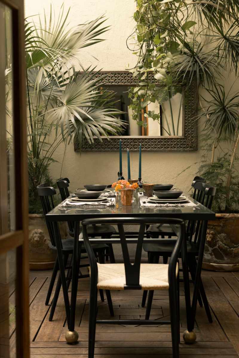 Comedor lleno de plantas en la antigua casa del siglo XX de Airbnb en Roma Norte, Ciudad de México